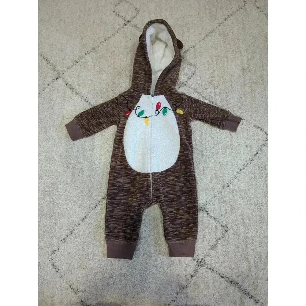 Carter's Just One‎ You Reindeer Fleece Hooded Romper Size 3M Brown White Holiday